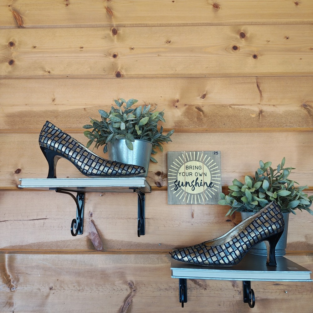 Timothy Hitsman Silver Gold Metallic Check Leather Pumps Vintage Retro Heels 6 M
